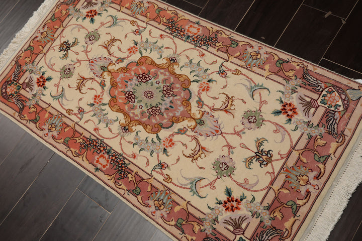 2x4 Ivory, Peach, Gold Color Hand Knotted Tabriz Wool & Silk Traditional Oriental Rug