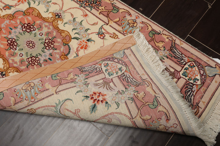 2x4 Ivory, Peach, Gold Color Hand Knotted Tabriz Wool & Silk Traditional Oriental Rug