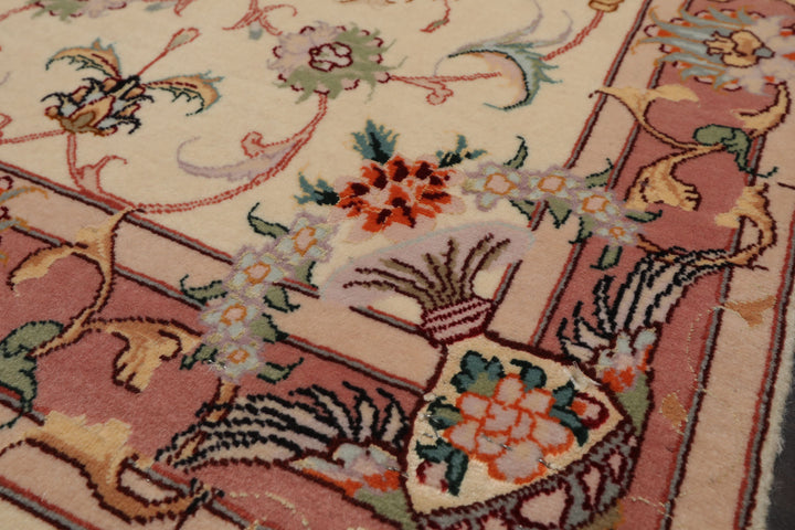 2x4 Ivory, Peach, Gold Color Hand Knotted Tabriz Wool & Silk Traditional Oriental Rug
