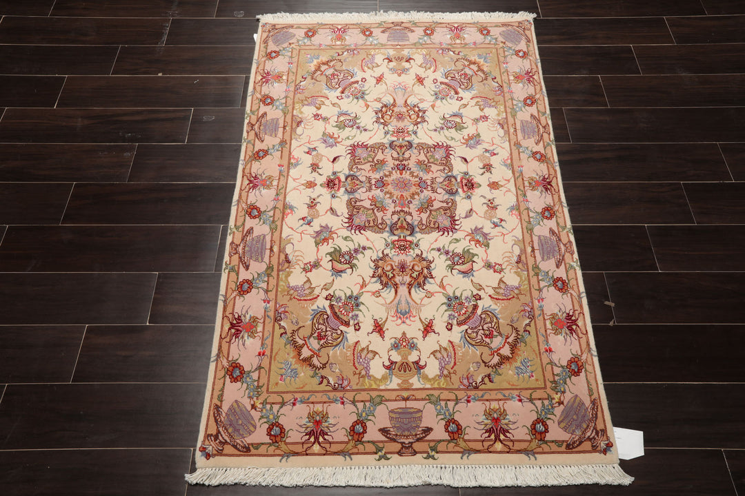 3x5 Ivory, Peach, Aubergine Color Hand Knotted Tabriz Wool & Silk Traditional Oriental Rug