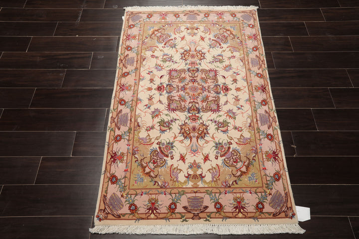 3x5 Ivory, Peach, Aubergine Color Hand Knotted Tabriz Wool & Silk Traditional Oriental Rug