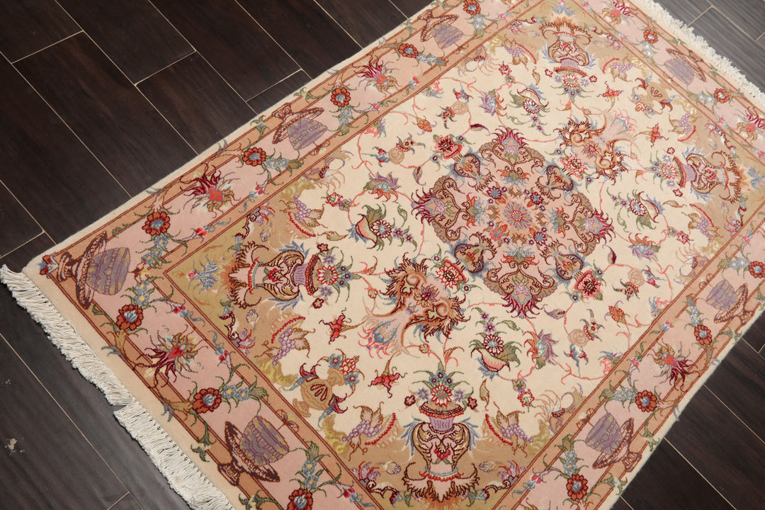 3x5 Ivory, Peach, Aubergine Color Hand Knotted Tabriz Wool & Silk Traditional Oriental Rug