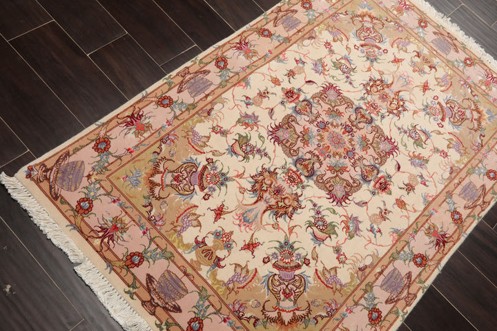 3x5 Ivory, Peach, Aubergine Color Hand Knotted Tabriz Wool & Silk Traditional Oriental Rug