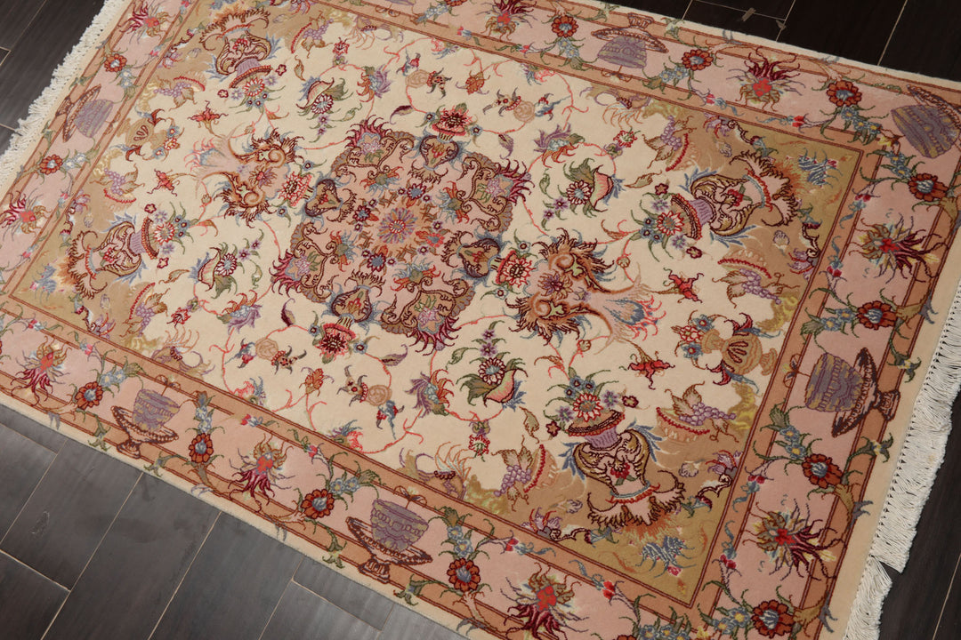 3x5 Ivory, Peach, Aubergine Color Hand Knotted Tabriz Wool & Silk Traditional Oriental Rug