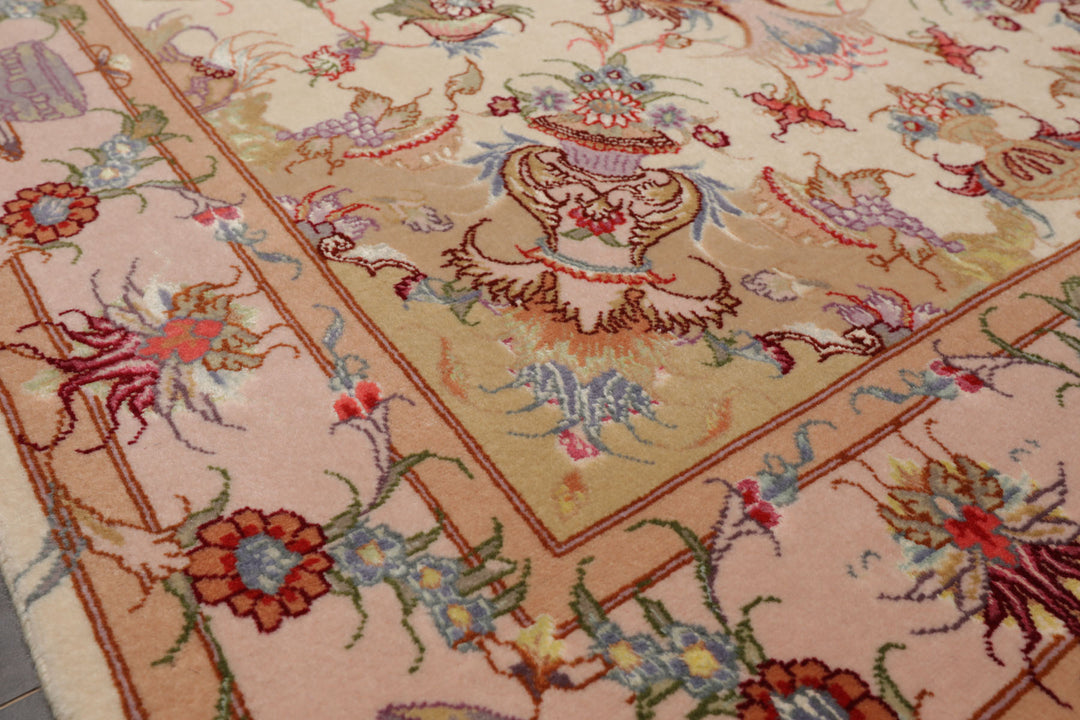 3x5 Ivory, Peach, Aubergine Color Hand Knotted Tabriz Wool & Silk Traditional Oriental Rug