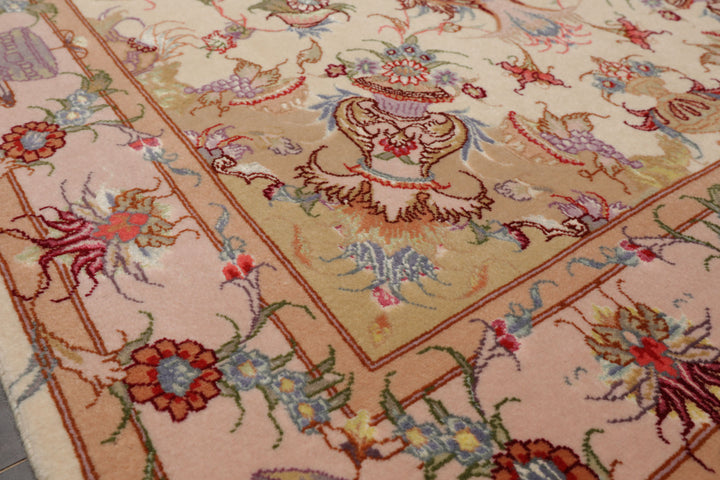 3x5 Ivory, Peach, Aubergine Color Hand Knotted Tabriz Wool & Silk Traditional Oriental Rug