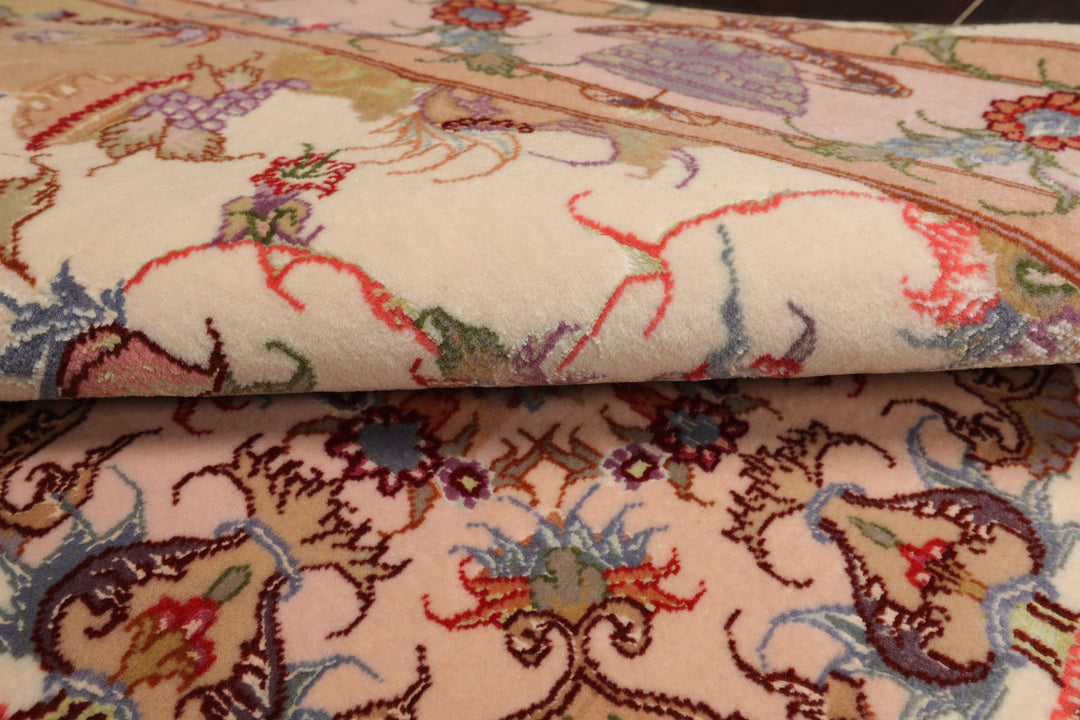 3x5 Ivory, Peach, Aubergine Color Hand Knotted Tabriz Wool & Silk Traditional Oriental Rug