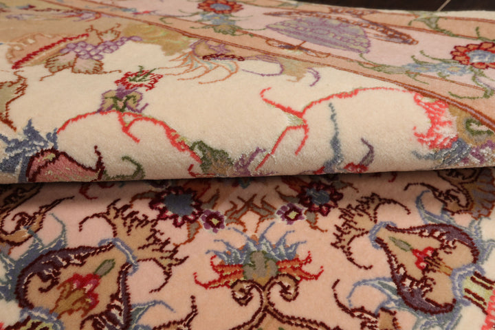 3x5 Ivory, Peach, Aubergine Color Hand Knotted Tabriz Wool & Silk Traditional Oriental Rug