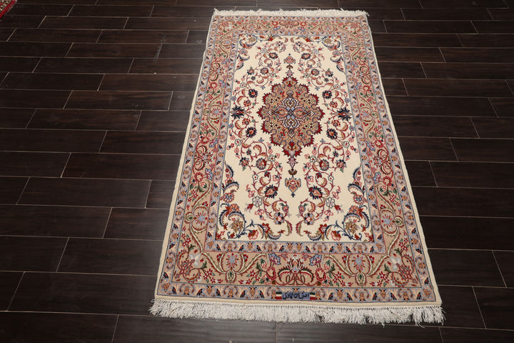 3x5 Ivory, Peach, Blue Color Hand Knotted Isfahan Wool & Silk Traditional Oriental Rug