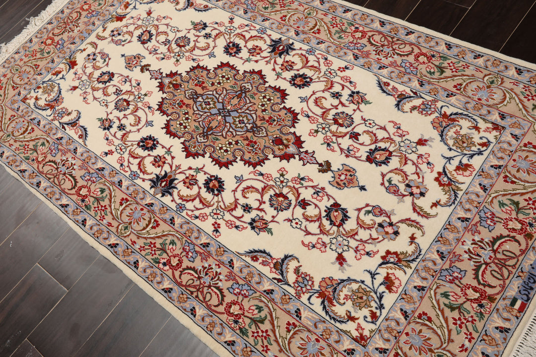 3x5 Ivory, Peach, Blue Color Hand Knotted Isfahan Wool & Silk Traditional Oriental Rug
