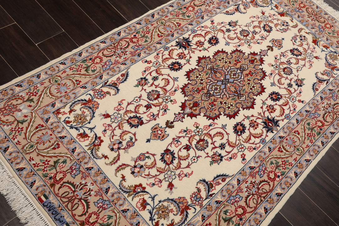 3x5 Ivory, Peach, Blue Color Hand Knotted Isfahan Wool & Silk Traditional Oriental Rug