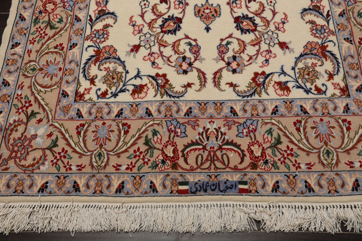 3x5 Ivory, Peach, Blue Color Hand Knotted Isfahan Wool & Silk Traditional Oriental Rug