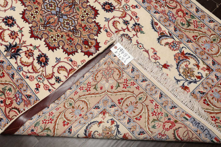 3x5 Ivory, Peach, Blue Color Hand Knotted Isfahan Wool & Silk Traditional Oriental Rug