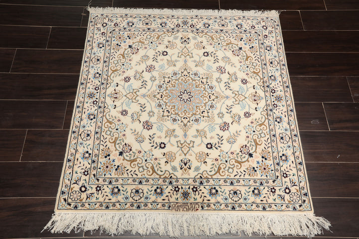 3x5 Ivory, Blue, Peach Color Hand Knotted Nain Wool & Silk Traditional Oriental Rug