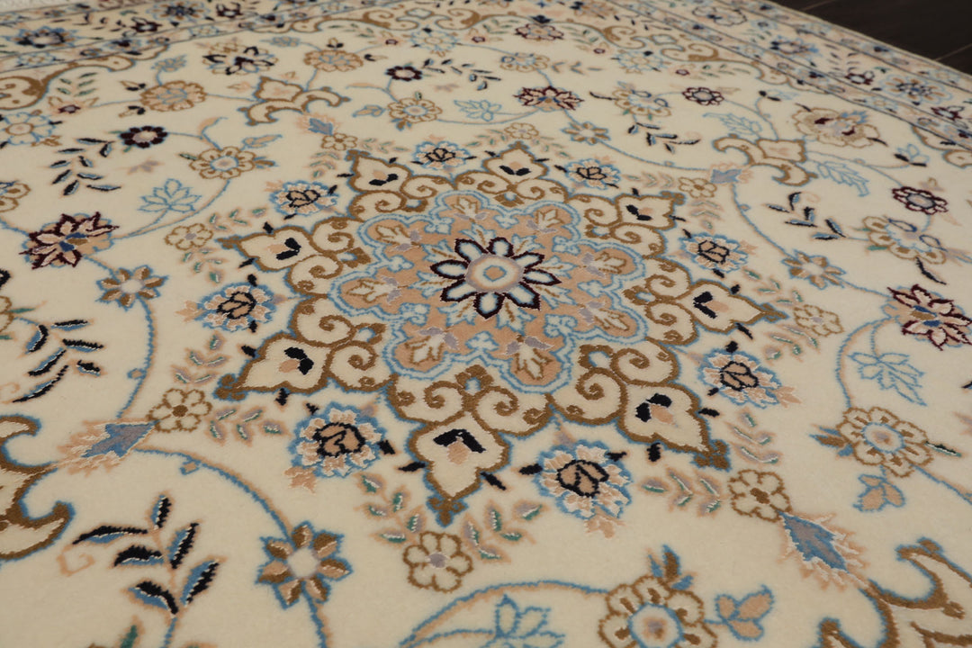 3x5 Ivory, Blue, Peach Color Hand Knotted Nain Wool & Silk Traditional Oriental Rug