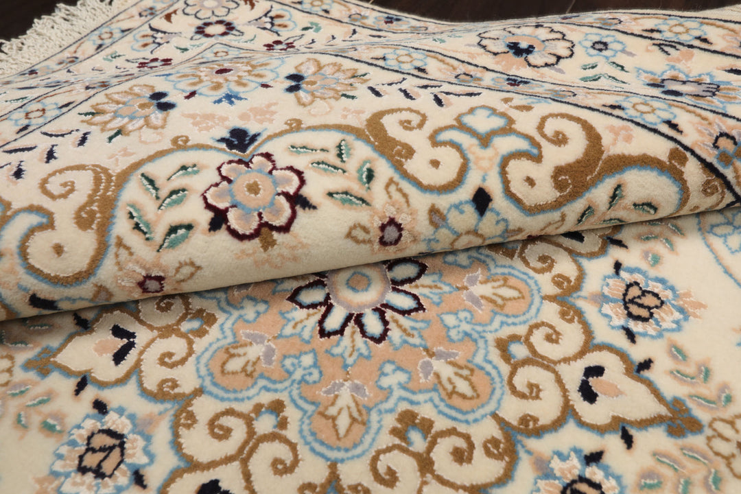 3x5 Ivory, Blue, Peach Color Hand Knotted Nain Wool & Silk Traditional Oriental Rug