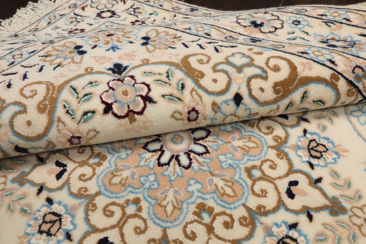 3x5 Ivory, Blue, Peach Color Hand Knotted Nain Wool & Silk Traditional Oriental Rug