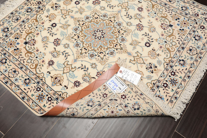 3x5 Ivory, Blue, Peach Color Hand Knotted Nain Wool & Silk Traditional Oriental Rug