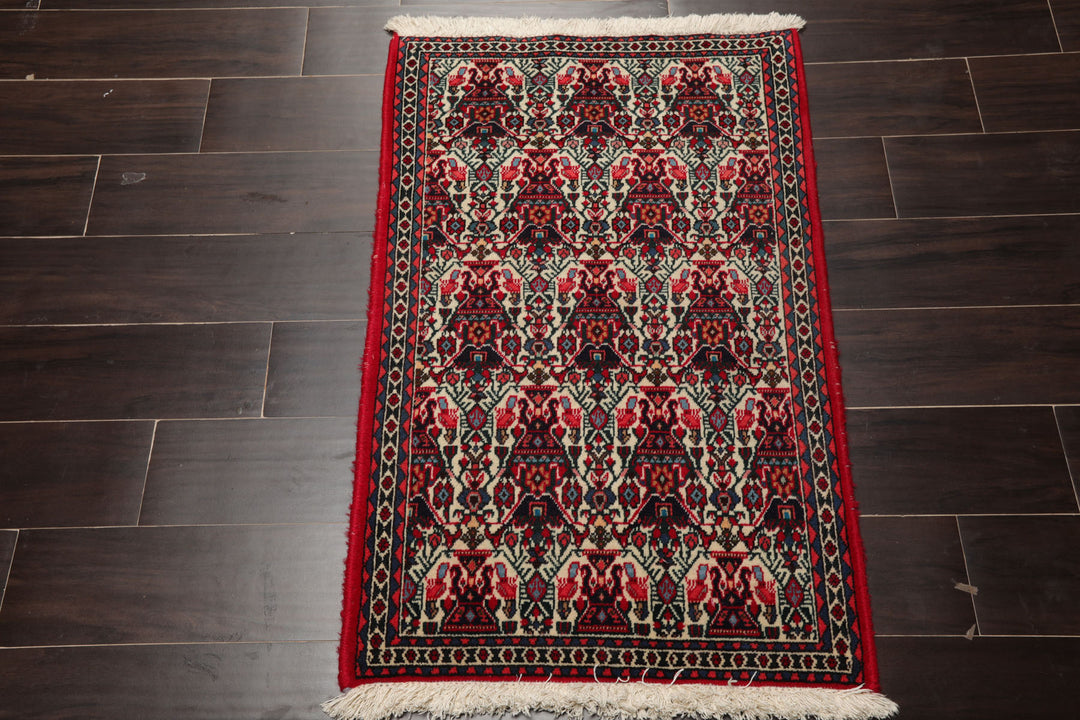 2x3 Ivory, Red, Black Color Hand Knotted Abadeh Wool Traditional Oriental Rug