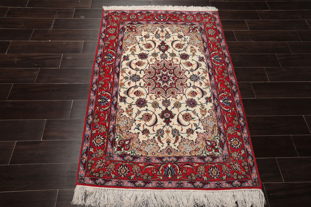 3x5 Ivory, Red, Blue Color Hand Knotted Isfahan Wool & Silk Traditional Oriental Rug