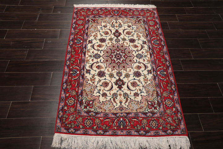 3x5 Ivory, Red, Blue Color Hand Knotted Isfahan Wool & Silk Traditional Oriental Rug