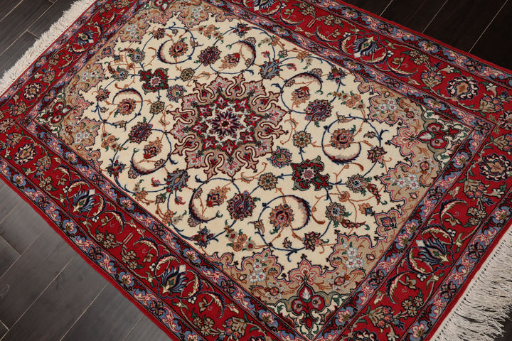 3x5 Ivory, Red, Blue Color Hand Knotted Isfahan Wool & Silk Traditional Oriental Rug