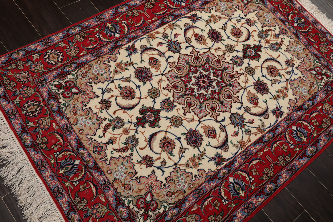 3x5 Ivory, Red, Blue Color Hand Knotted Isfahan Wool & Silk Traditional Oriental Rug