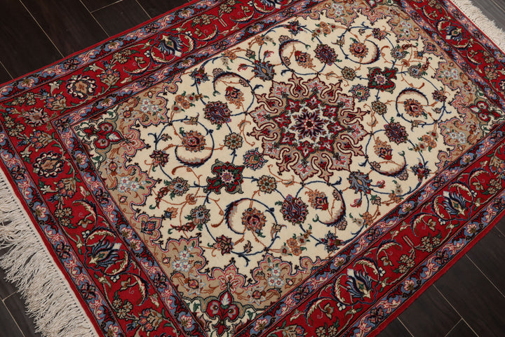3x5 Ivory, Red, Blue Color Hand Knotted Isfahan Wool & Silk Traditional Oriental Rug