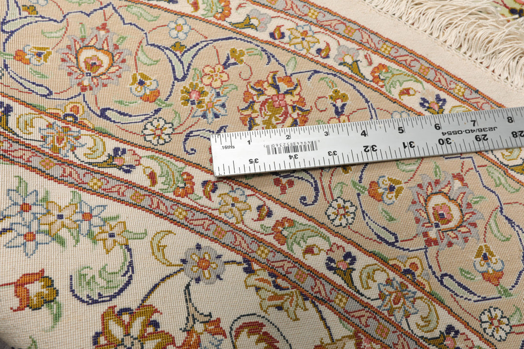 Round Ivory, Moss, Brown Color Hand Knotted Qum All Silk Silk Traditional Oriental Rug