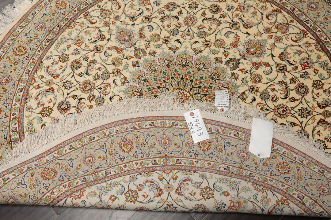 Round Ivory, Moss, Brown Color Hand Knotted Qum All Silk Silk Traditional Oriental Rug