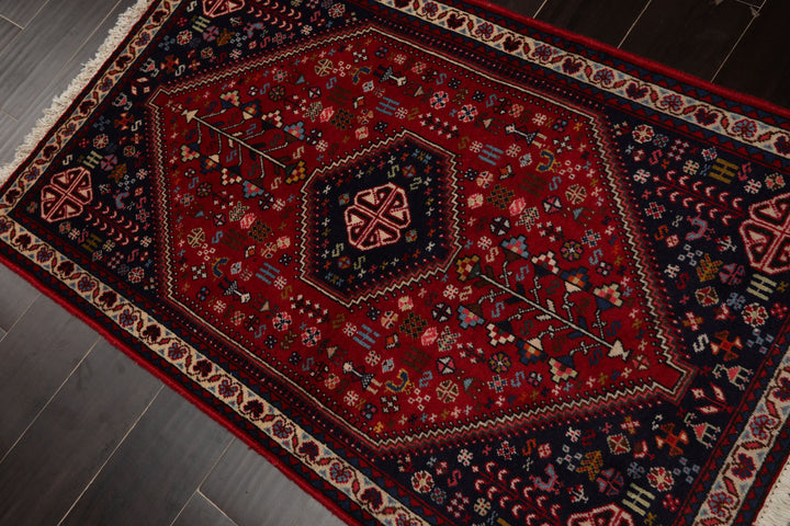 3x5 Red, Navy, Ivory Color Hand Knotted Abadeh Silk Traditional Oriental Rug