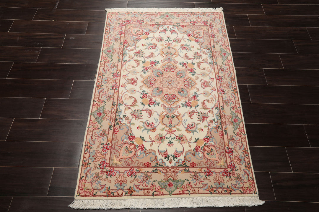 3x5 Ivory, Rose, Peach Color Hand Knotted Tabriz Wool & Silk Traditional Oriental Rug