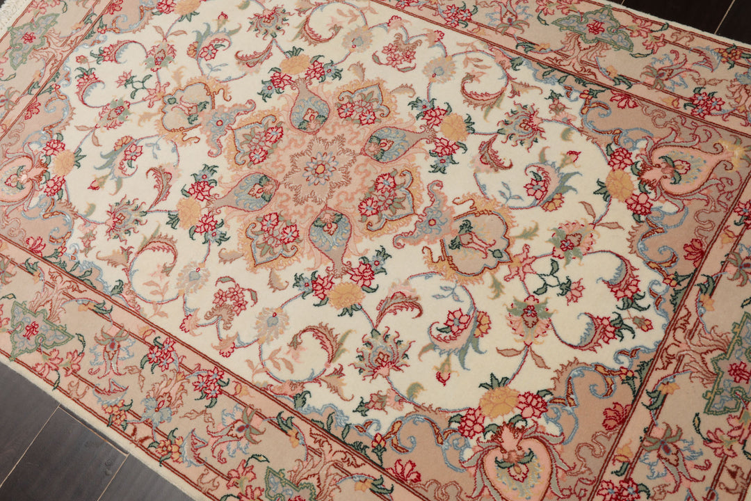 3x5 Ivory, Rose, Peach Color Hand Knotted Tabriz Wool & Silk Traditional Oriental Rug