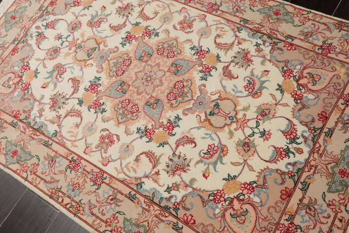 3x5 Ivory, Rose, Peach Color Hand Knotted Tabriz Wool & Silk Traditional Oriental Rug