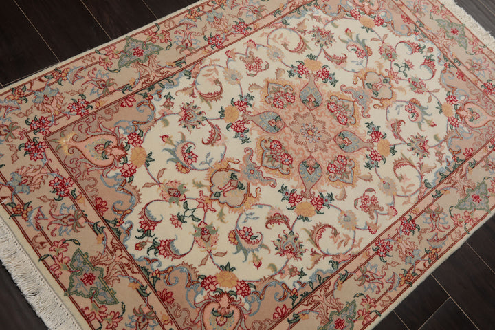3x5 Ivory, Rose, Peach Color Hand Knotted Tabriz Wool & Silk Traditional Oriental Rug