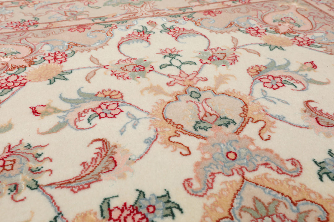 3x5 Ivory, Rose, Peach Color Hand Knotted Tabriz Wool & Silk Traditional Oriental Rug