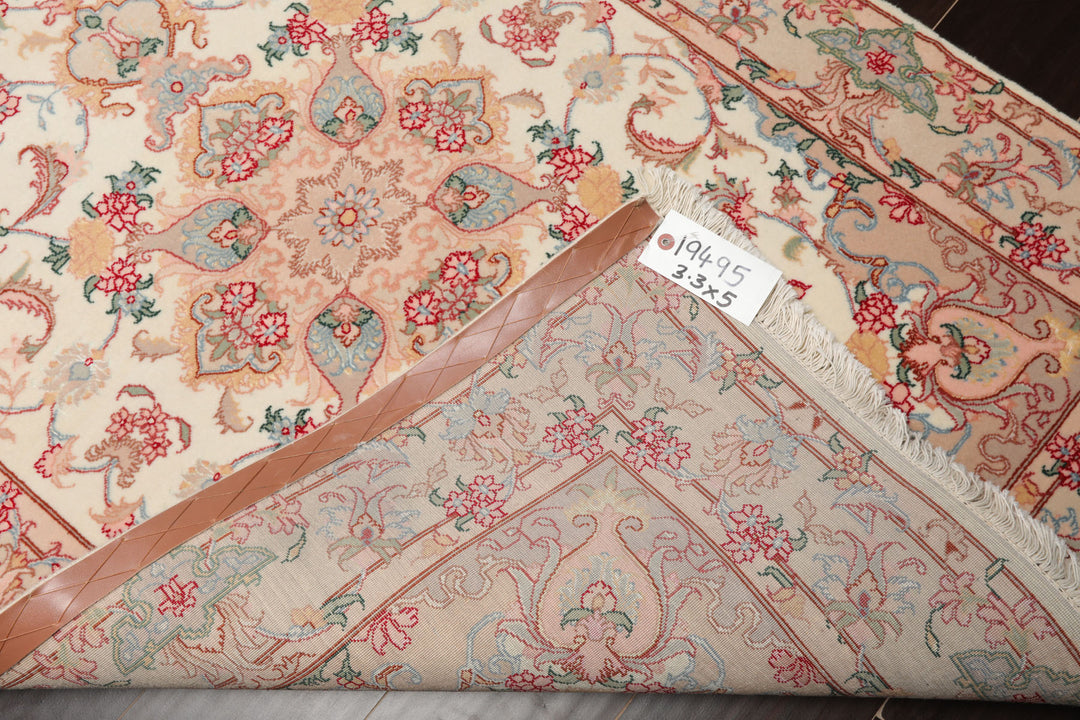 3x5 Ivory, Rose, Peach Color Hand Knotted Tabriz Wool & Silk Traditional Oriental Rug