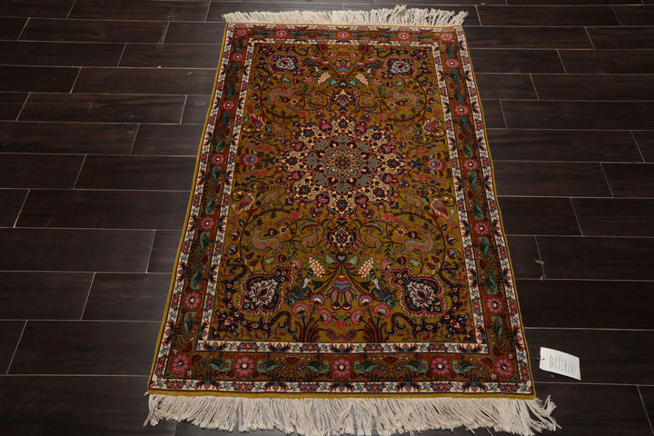 3x5 Mustard, Ivory, Green Color Hand Knotted Tabriz Wool & Silk Traditional Oriental Rug
