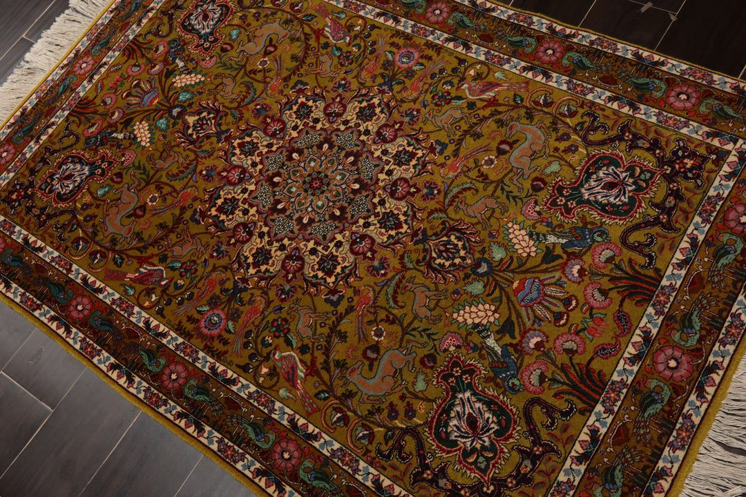 3x5 Mustard, Ivory, Green Color Hand Knotted Tabriz Wool & Silk Traditional Oriental Rug