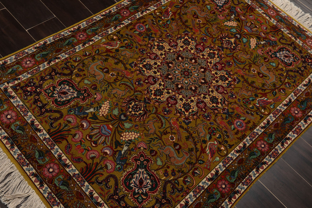 3x5 Mustard, Ivory, Green Color Hand Knotted Tabriz Wool & Silk Traditional Oriental Rug