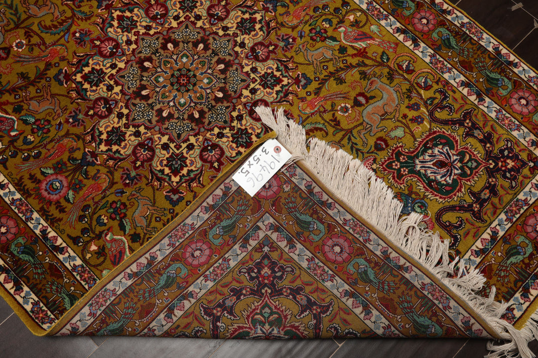 3x5 Mustard, Ivory, Green Color Hand Knotted Tabriz Wool & Silk Traditional Oriental Rug