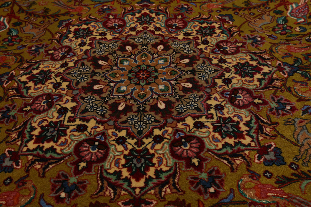 3x5 Mustard, Ivory, Green Color Hand Knotted Tabriz Wool & Silk Traditional Oriental Rug