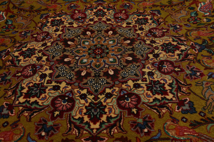 3x5 Mustard, Ivory, Green Color Hand Knotted Tabriz Wool & Silk Traditional Oriental Rug