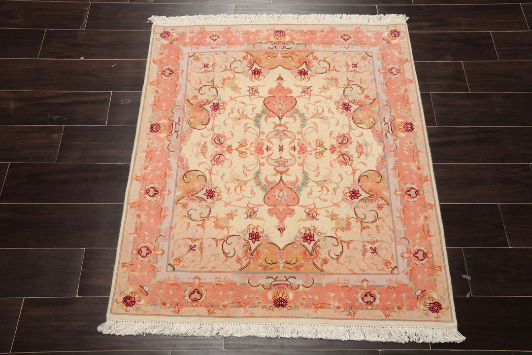 3x4 Ivory, rose, Gray Color Hand Knotted Tabriz Wool & Silk Traditional Oriental Rug
