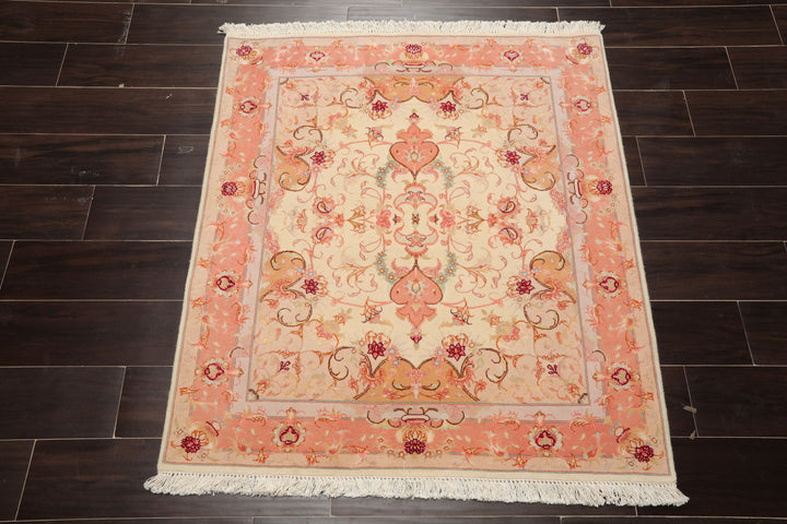 3x4 Ivory, rose, Gray Color Hand Knotted Tabriz Wool & Silk Traditional Oriental Rug