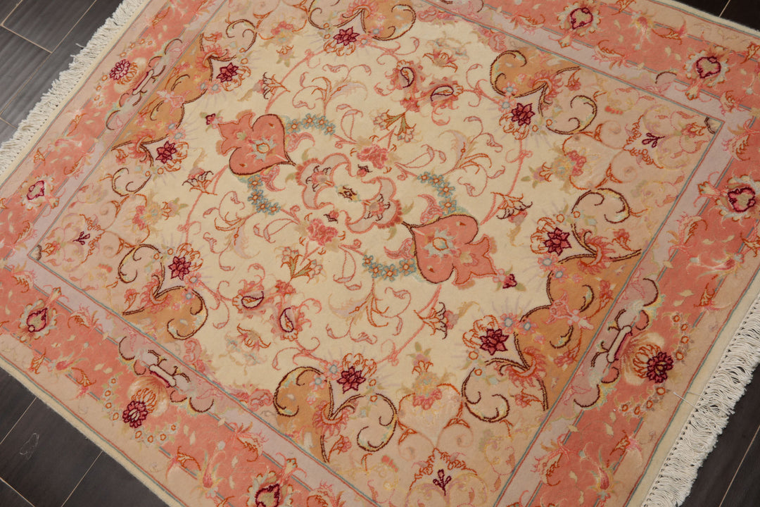 3x4 Ivory, rose, Gray Color Hand Knotted Tabriz Wool & Silk Traditional Oriental Rug