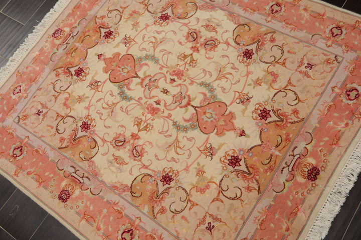 3x4 Ivory, rose, Gray Color Hand Knotted Tabriz Wool & Silk Traditional Oriental Rug
