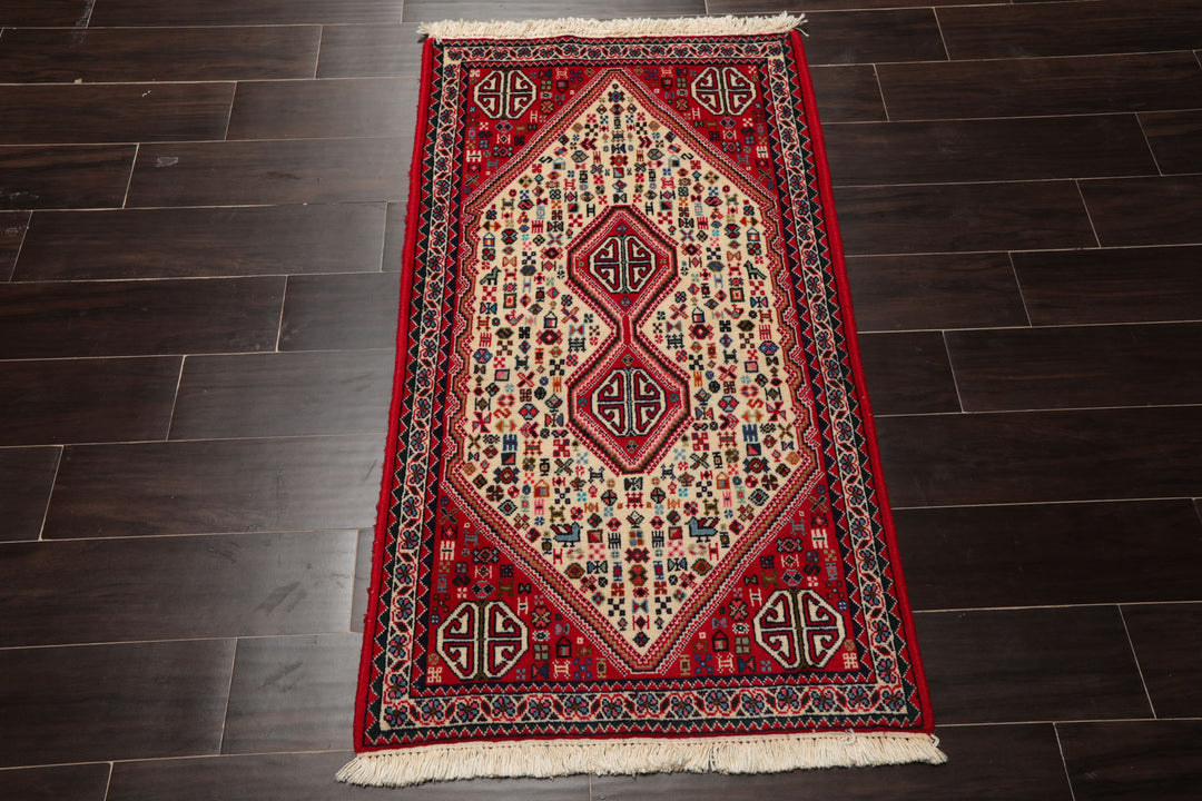 2x4 Ivory, Red, Charcoal Color Hand Knotted Abadeh Wool Traditional Oriental Rug