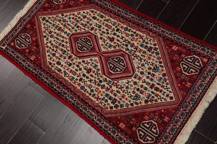 2x4 Ivory, Red, Charcoal Color Hand Knotted Abadeh Wool Traditional Oriental Rug