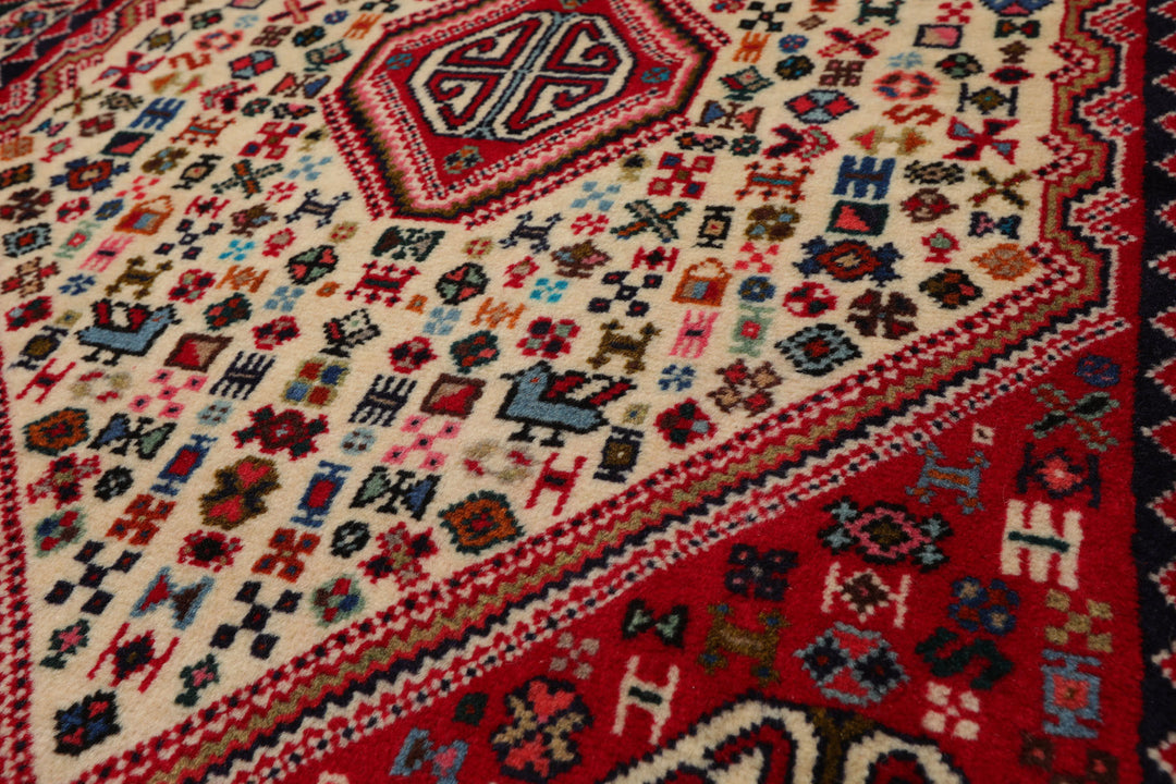 2x4 Ivory, Red, Charcoal Color Hand Knotted Abadeh Wool Traditional Oriental Rug